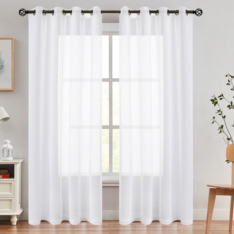 Randall Snow White Faux Linen Sheer Curtain with 8 Metal Grommets Open Weave Window Treatment Drape for Living Room & Bedroom,Modern Privacy & Light Filtering & Light Drapes Curtains 2 Panels, 84Inch - Image 1